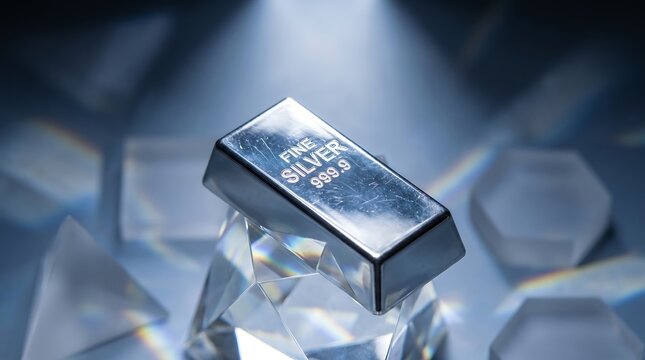 Pure fine silver bar on crystal prism with light effects and silver market background