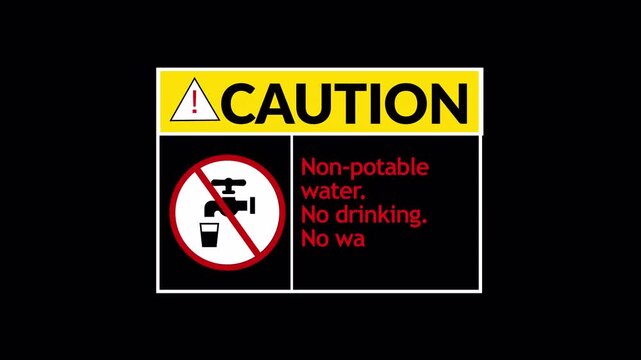 Caution Non-Potable Warning Sign Animation On Transparent Background ,Unsafe Water Notification  Animation, Industrial and Construction site Non-Potable Water Alert Animation in 4k with Alpha Channel