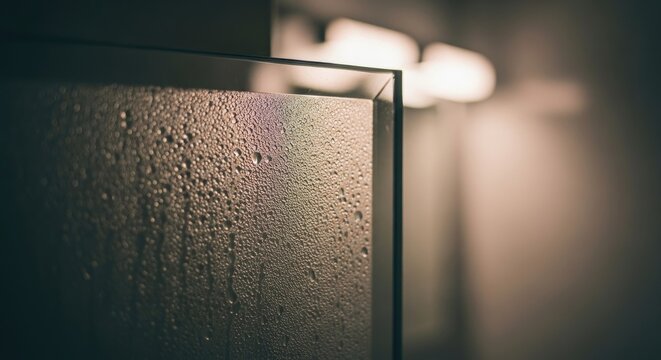 Close-up of a Glass Shower Door with Water Droplets in a Bathroom.