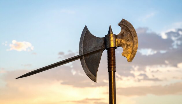 Historical Pointed Steel Halberd Head with Curved Axe Blade and Rear Hook on Wood Handle. This authentic medieval polearm is captured against a soft sunset sky in a cinematic wide composition.