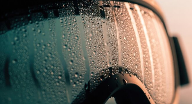 Close-up of a persons goggles covered in condensation, with a blurred background.