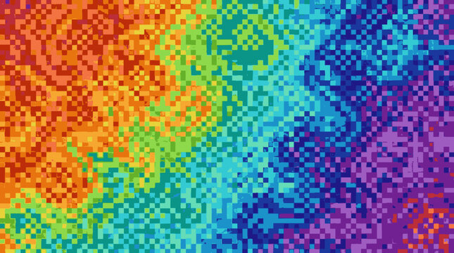 Vibrant abstract pixel mosaic pattern with colorful gradient of blues greens and oranges in a digital vector style