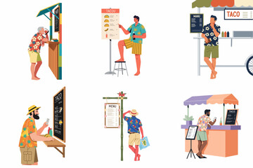 Collection of male characters in tropical shirts ordering food and drinks at various taco stands and outdoor kiosks on white background. © Nadya