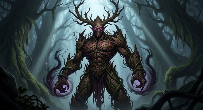 A powerful, menacing forest spirit with antlers and glowing eyes stands in a dark, mystical woodland.