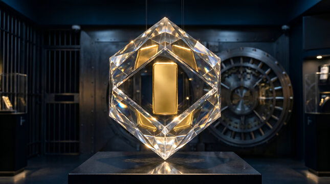 Gold bar in diamond crystal display inside a bank vault gold market background