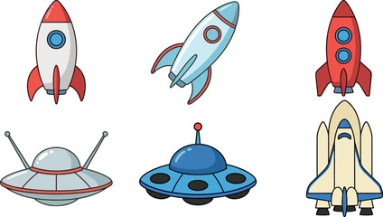 Set of Cartoon Spacecraft Vector Icons Including Rocket Ships UFO Flying Saucers and Space Shuttles for Outer Space Exploration Science and Galactic Adventure Designs © Sakil