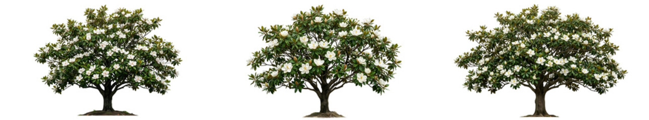 Set of Three Mature Magnolia Trees Magnolia Grandiflora Featuring Large White Flowers and Dense Green Foliage Isolated on White Background for Professional Landscape Design and 3D Asset Projects © the battu