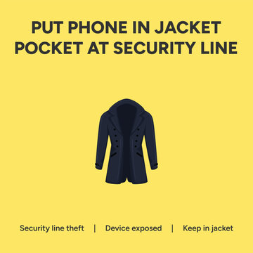 Man putting phone in jacket pocket at airport security line to prevent theft