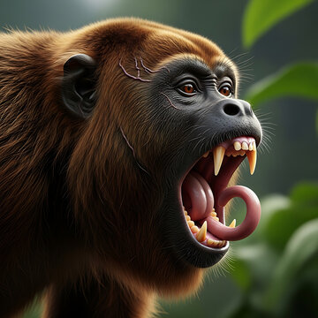 Close-up Portrait of a Howler Monkey with Mouth Wide Open in Forest
