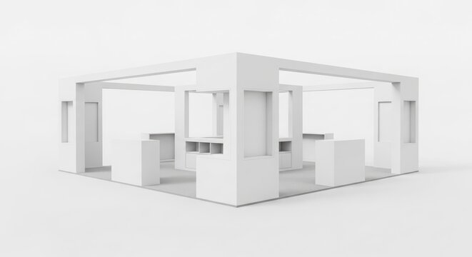 3D rendered image of a minimalist white exhibition stand or trade show booth with a clean, modern design and open layout.