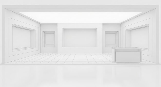 Bright, minimalist, all-white empty exhibition gallery space with recessed walls and a counter, ready for display.