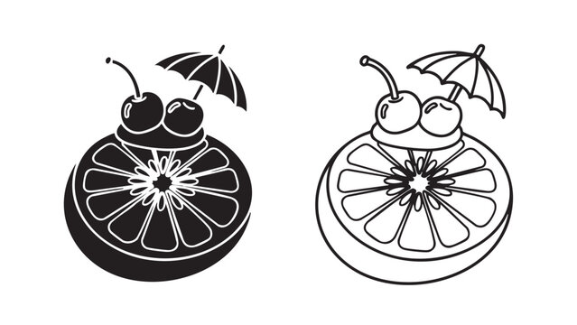 Citrus slice with cherries and cocktail umbrella vector icons