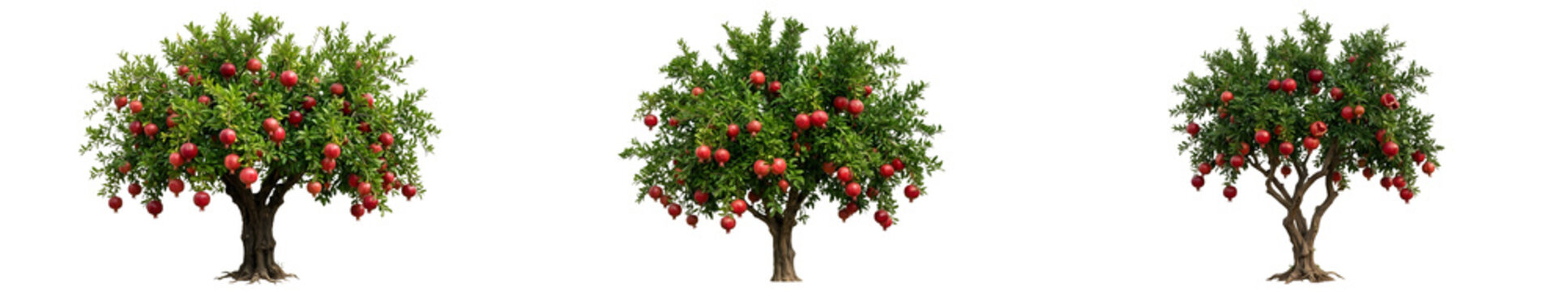Set of Red Apple Trees Malus Domestica Featuring Ripe Fruit and Dense Green Foliage Isolated on White Background for Agricultural Marketing and Professional Landscape Design Projects