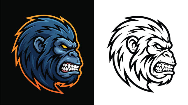 Aggressive gorilla head mascot logo design in color and black and white outline versions, featuring an angry ape with bared teeth and fierce expression.