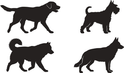 Black dog silhouettes set featuring various breeds like labrador retriever, german shepherd, husky, and terrier isolated on white background © MdAnowerHossain