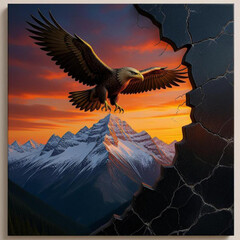 Naklejka premium Eagle in flight over a snowy mountain 