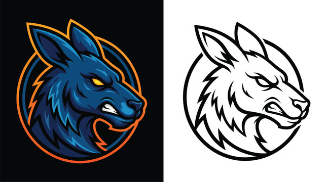 Aggressive blue wolf or dingo head mascot logo with glowing yellow eyes and sharp teeth, presented in both colored and black outline versions within a circular frame.