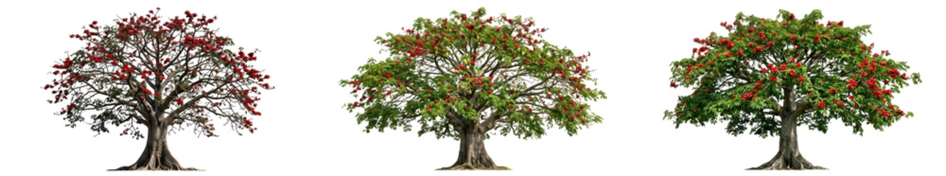 Set of Royal Poinciana Trees Delonix Regia with Vibrant Red Flowers and Spreading Green Canopies Isolated on White Background for Tropical Landscape Design and Architecture Projects