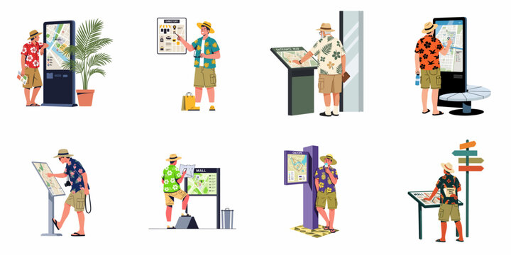 Set of flat illustrations featuring male tourists in tropical attire interacting with digital kiosks and maps for navigation in a shopping mall.