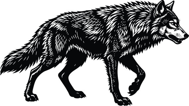 Detailed Wolf Illustration in Black and White Wildlife Engraving Style for Nature and Predator Design