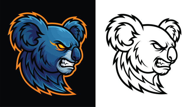 Fierce koala head mascot logo in blue and orange with an angry expression, alongside a black and white outline version, suitable for esports or team branding.