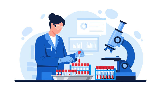 Scientist working with test tubes and microscope in laboratory, medical research concept