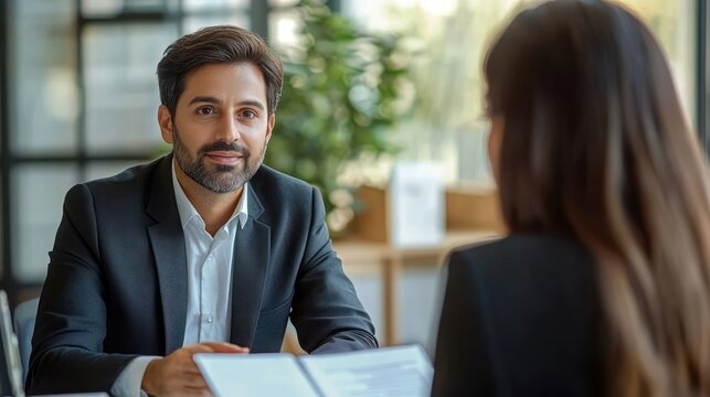 Serious job interview with a suited man and a woman across a desk reviewing documents in a bright modern office