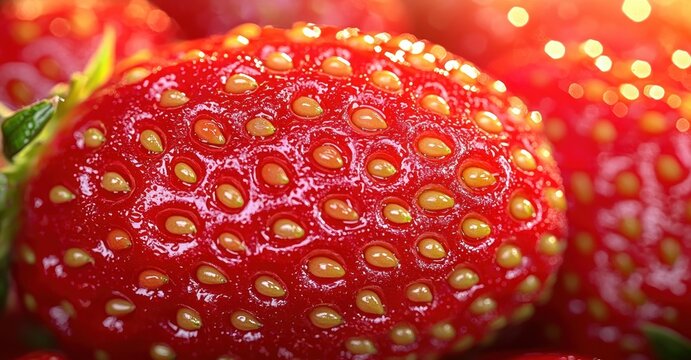 Close-up of glistening ripe strawberries with glossy seeds and green leaves, bright bokeh lighting conveying fresh juicy summery indulgence