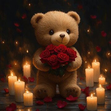 plush teddy bear holding a bouquet of red roses surrounded by lit candles and scattered rose petals in warm glowing candlelight, evoking tender romantic affection