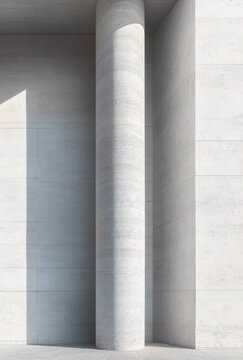 single smooth stone column between large tiled stone walls with soft diagonal sunlight and long shadow, serene minimalist architectural scene