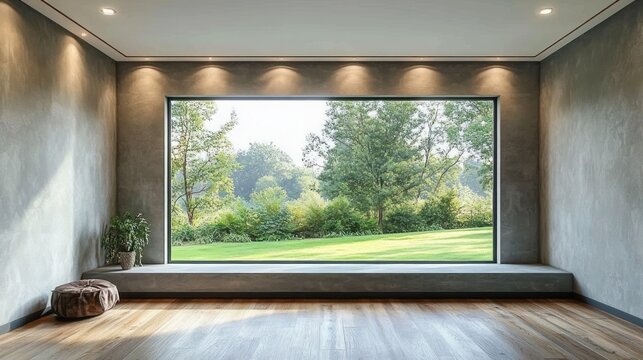 Minimal modern room with large picture window framing sunlit green lawn and trees, wooden floor, low bench, potted plant and pouf, calm peaceful atmosphere
