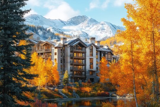 Cozy mountain lodge by a reflective pond surrounded by golden autumn aspen trees with snow-capped peaks in the background, warm inviting light and serene atmosphere