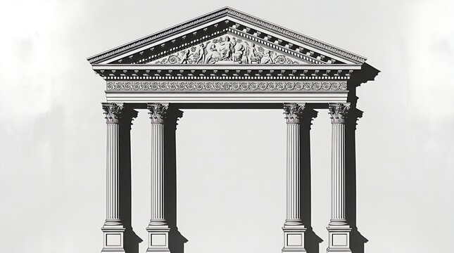 Classical antique Greek architectural portal with Corinthian columns and decorative pediment relief sculpture