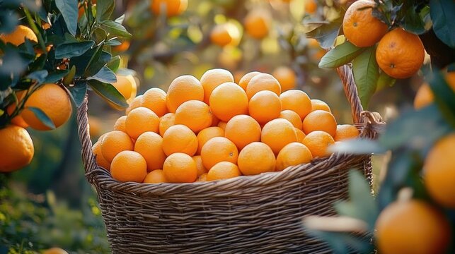 Woven basket overflowing with ripe oranges in a sunlit orchard, evoking freshness and a bountiful harvest