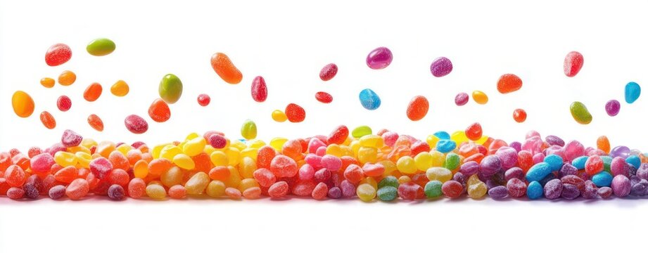 vibrant rainbow jellybeans bouncing above a scattered pile on white background, playful and joyful