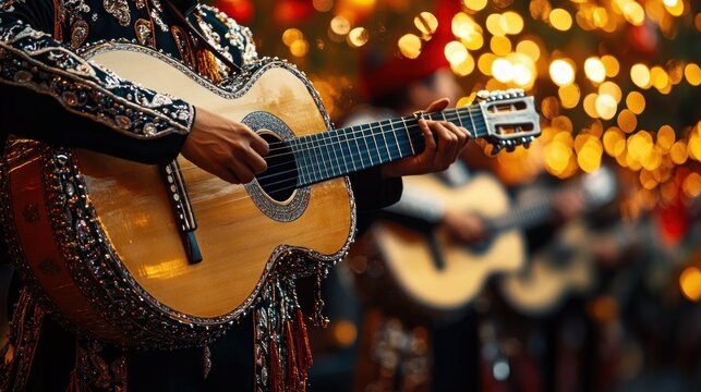 Close-up of hands playing ornate acoustic guitar in traditional embroidered costume with blurred fellow musicians and warm festive bokeh lights, joyful celebration