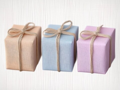 Three pastel fabric-wrapped gift boxes tied with rustic twine bows on a soft textured background, evoking gentle anticipation