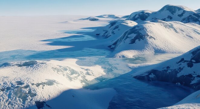 Abstract background of heavily textured snow covering a desolate terrain, characterized by irregular mounds, deep shadows, and icy patches, drift, broken, weather