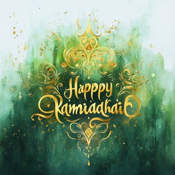 ornate gold calligraphy greeting with decorative filigree and paint splatters on deep green watercolor wash, elegant festive and celebratory mood