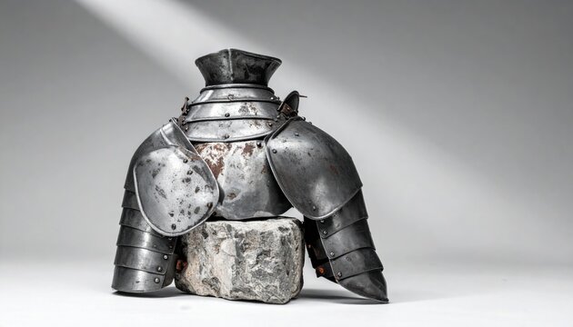 Ancient segmented plate armor pauldrons and gorget with surface scratches rest on a stone, cinematic widescreen shot of medieval defensive gear with dramatic lighting and professional studio finish.
