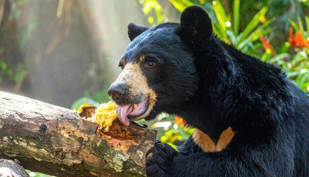 Fascinating Malayan Sun Bear with Distinctive Orange Chest Patch Licking Honey and Comb from a Hollow Log in a Lush Tropical Jungle Setting, Highlighting the Unique Feeding Habits of This Species.