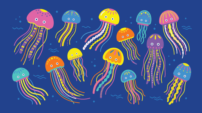 Colorful jellyfish illustration set with smiling faces and striped tentacles on a blue background high quality professional