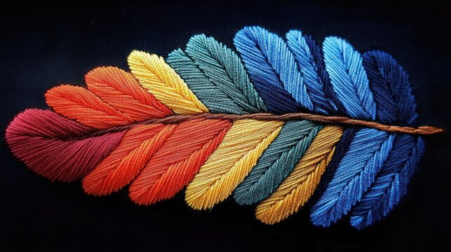 vibrant embroidered feather of multicolored stitched leaves on black fabric, intricate textured craftsmanship, warm and uplifting