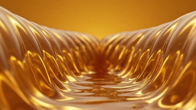 Abstract golden honey ripples high resolution texture with luminous amber trough, glossy folded waves, mirrored syrup ridges, macro liquid valley depth, premium food background design for packaging