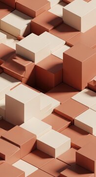 Geometric blocks, 3D shapes, abstract composition, terracotta background