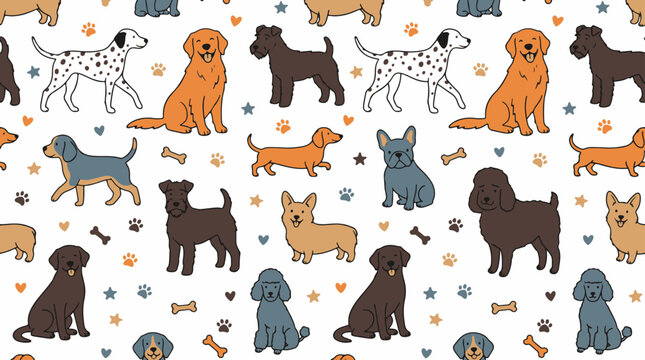 Seamless pattern of various dog breeds in a colorful hand drawn vector illustration on a white background