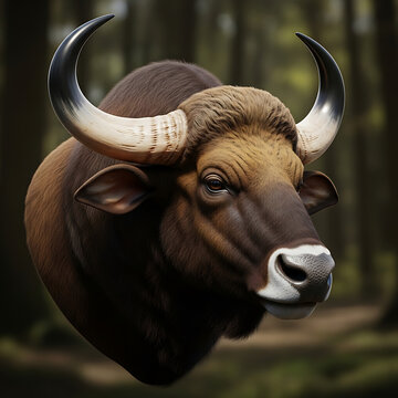 Majestic Indian Gaur Bison Head with Magnificent Horns in a Forest