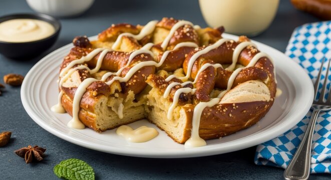 Gourmet pretzel bread pudding dessert with sweet glaze on a white plate, an appetizing baked treat.