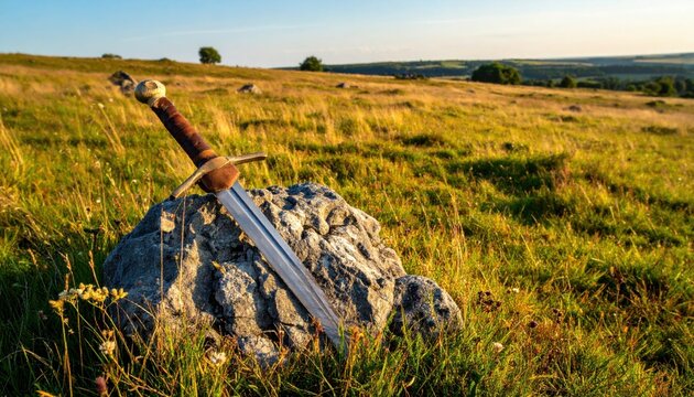 Heavy medieval broadsword with notched steel blade and leather wrapped hilt resting against a large gray rock in a rolling grassy field, cinematic wide shot of ancient weapon at sunset.
