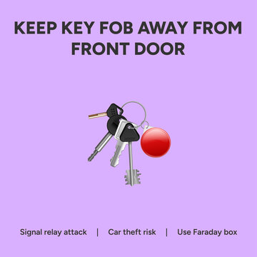 A set of keys with a red ball on a keychain against a purple background with a warning to keep key fob away from front door to prevent signal relay attack and car theft risk